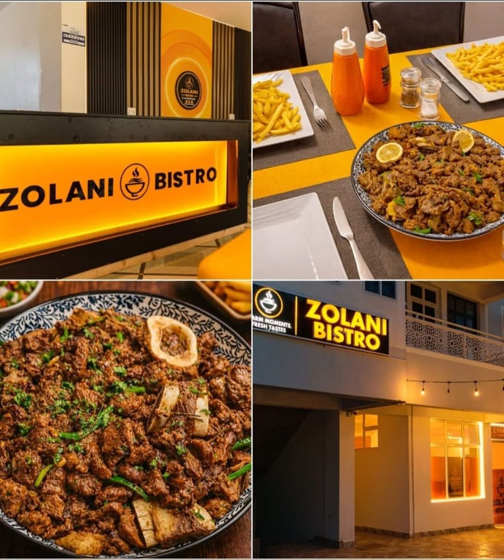 Collage of the Zolani Bistro sign, table setting, beef on the bone and building