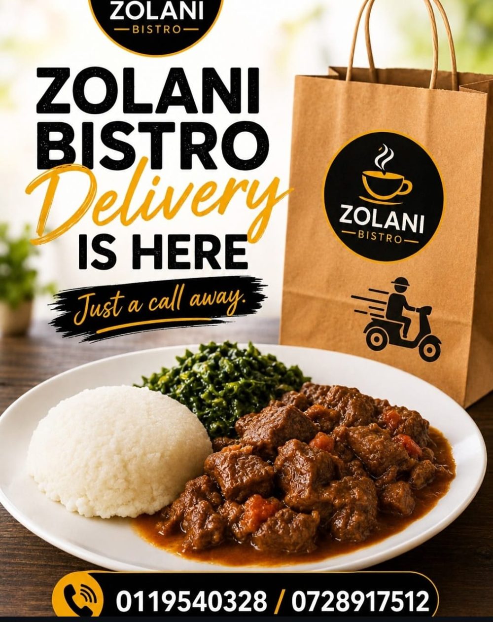 Zolani Bistro delivery poster with beef stew, ugali and sukuma