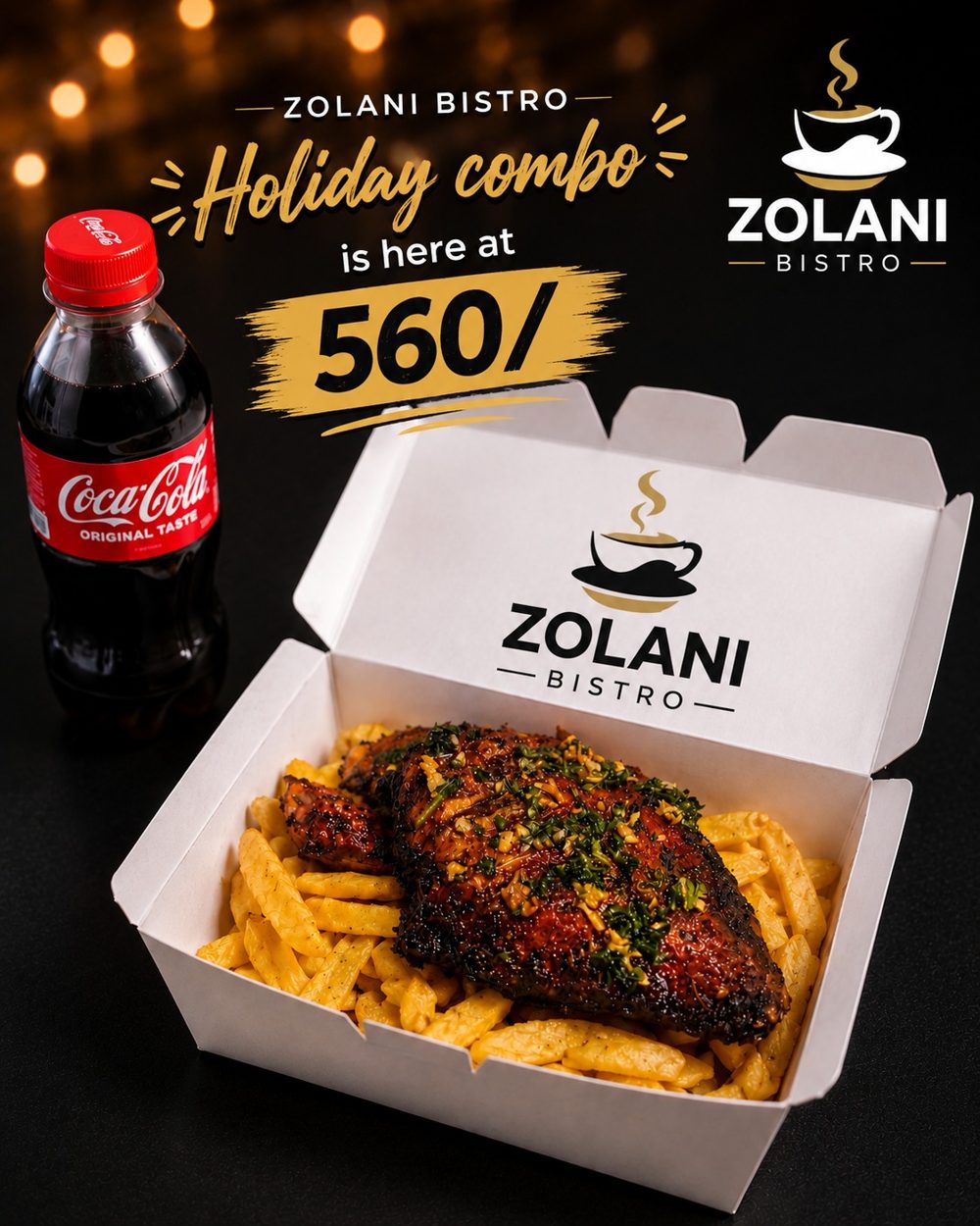 Holiday combo poster: grilled chicken on chips in a box with a Coca-Cola, 560 shillings